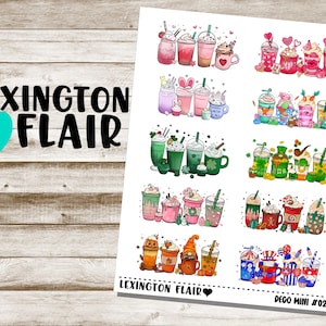 May include: A sheet of colorful stickers featuring various illustrated designs of iced coffee drinks. The stickers are arranged in rows and include designs with hearts, shamrocks, and stars. The text "LEXINGTON FLAIR" and "DECO MINI #025" is included on the sheet.