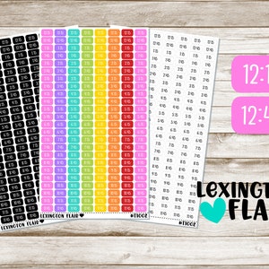 May include: A set of colorful time management stickers with numbers from 12:15 to 11:15. The stickers are in a rainbow of colors, including pink, purple, blue, green, yellow, orange, and red. The stickers are arranged in rows and columns on a white background. The text "Lexington Flair" is printed on the bottom of the sheet.