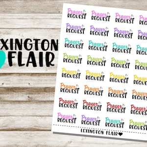 May include: A sheet of stickers with the text "Prayer Request" in various colors. The stickers are arranged in a grid pattern and feature a small candle icon. The sheet is labeled "Lexington Flair" at the bottom.