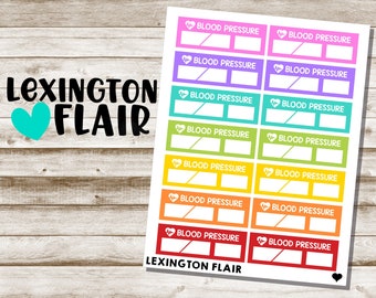 May include: A sheet of colorful stickers with a heart and the text "Lexington Flair" at the top. The stickers are designed for tracking blood pressure readings and each sticker has a heart icon and the text "Blood Pressure".