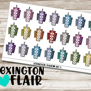 May include: Sheet of colorful water tracker stickers. Each sticker features a tumbler design with water drop graphics and the words "Water Tracker". The stickers are in various colors, including pink, purple, blue, green, and orange. The sheet also includes the text "Lexington Flair Set 1".
