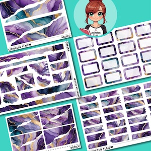 Ripped Paper - Purple Marble with Gold and teal - Alcohol Ink - Deco Stickers for Planners- Journaling-Junk Journal-Scrapbooking