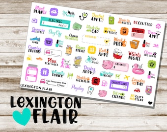 May include: A set of colorful stickers with various activities and appointments, such as "Hair Appt", "Dentist Appt", "Meal Prep", "Girls Night", "Payday", and "Laundry Day". The stickers are on a white background with a wooden texture.