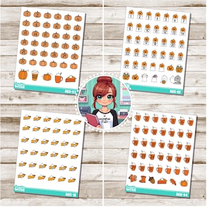 May include: Four sheets of stickers featuring various fall-themed designs, including pumpkins, leaves, coffee cups, pie slices, and squirrels. The stickers are arranged in a grid pattern on a white background. The text "Lexington Flair" is visible on one of the sheets.