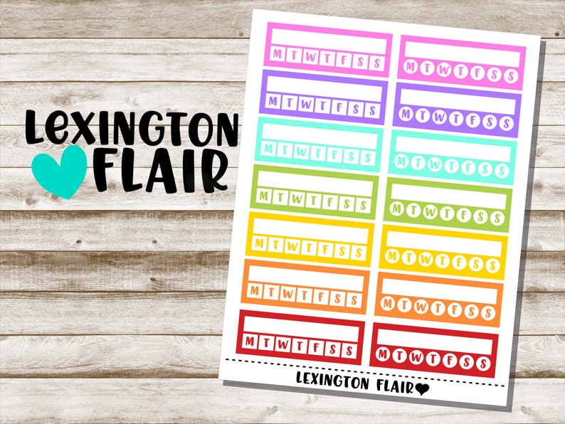 May include: A set of 8 colorful printable planner stickers with the text "MTWTFSS" in white. The stickers are in a rainbow of colors: pink, purple, light blue, turquoise, yellow, orange, and red.