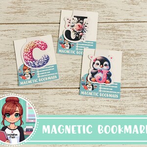 May include: Three magnetic bookmarks featuring different designs. The first bookmark is a letter C made of colorful yarn. The second bookmark is a letter J with a floral design. The third bookmark is a penguin holding a letter J. All bookmarks have the text "MAGNETIC BOOKMARK" printed on them.