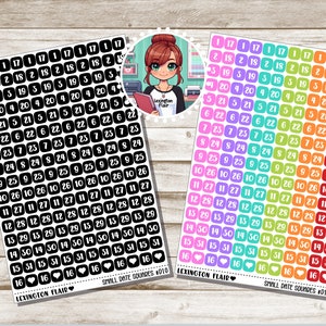 May include: Two sheets of stickers with numbers 1 through 16 in black and white squares, and numbers 1 through 16 in colorful squares. The stickers are labeled "Small Date Soundes #010" and "Lexington Flair".