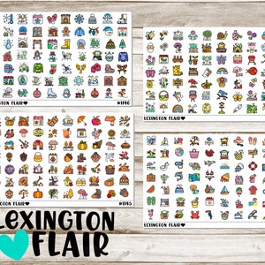 May include: Four sheets of stickers with colorful illustrations of various seasonal themes. The top sheet features winter-themed icons, the second sheet features spring-themed icons, the third sheet features fall-themed icons, and the bottom sheet features summer-themed icons. Each sheet has the text "LEXINGTON FLAIR" and a number.