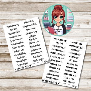 May include: Two white paper sheets with a list of holidays and special days, including New Year's Day, Valentine's Day, and Father's Day. The text is in black font. A cartoon image of a woman with red hair is in the upper right corner.