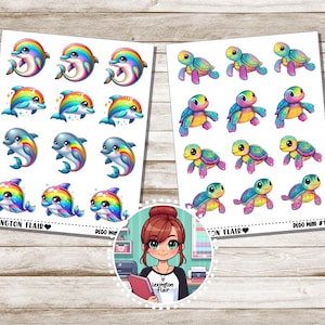 May include: Two sheets of stickers featuring colorful cartoon dolphins and turtles. The dolphin stickers have rainbow accents and the turtle stickers have a glittery finish. The stickers are labeled "Lexington Flair" and "Deco Mini #101".