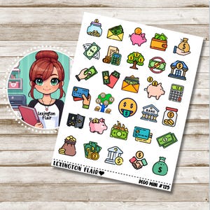 May include: A sheet of colorful stickers featuring various money-themed illustrations, including a piggy bank, a money bag, a bank building, a credit card, and a calculator. The stickers are designed in a cartoon style and are perfect for adding a touch of whimsy to planners, journals, and other items.