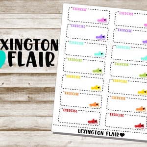 May include: A printable sheet of 12 colorful exercise tracker stickers with the text "EXERCISE" and a different colored shoe on each sticker. The sheet also includes the text "LEXINGTON FLAIR" at the top and bottom.