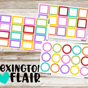 May include: Two sheets of colorful printable planner stickers. The first sheet features 16 square stickers with white centers and colorful borders. The second sheet features 16 round stickers with white centers and colorful borders. The stickers are labeled "Lexington Flair".