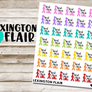 May include: A sheet of colorful stickers featuring a person mowing a lawn with the text "Yard Work" repeated on each sticker. The stickers are arranged in rows of five and are in various colors, including pink, purple, teal, yellow, orange, and red. The sheet is labeled "Lexington Flair" at the top and bottom.