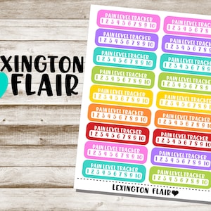 May include: A sheet of colorful stickers with the text "PAIN LEVEL TRACKER 12345678910" repeated on each sticker. The stickers are in various colors, including pink, purple, blue, green, yellow, orange, and red.