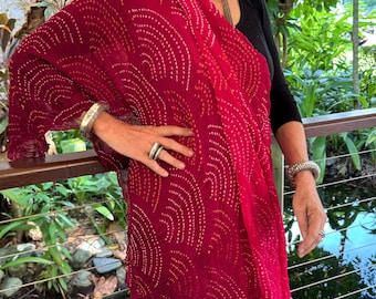 Upcycled Silk Sari Shawl: Red Bandhani Tie-Dye Crepe Scarf