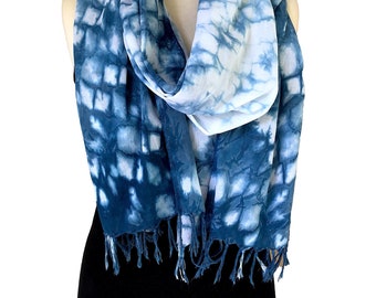 Indigo Shibori Scarf  with Fringe - Cotton Voile in Cloud Design