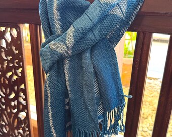 Hand woven cotton scarf with tassels - Hand dyed indigo shawl - Slow fashion gift