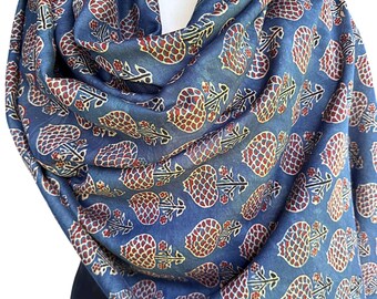 Oversized Indigo Ajrakh Scarf: Pomegranate Block Print Shawl or Dress Fabric