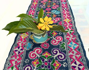 Flower Embroidered Indigo Hemp Table Runner: Authentic Hmong Batik Decor