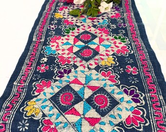 Embroidered Indigo Hemp Table Runner: Authentic Hmong Batik Decor