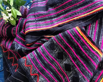 Indigo Hemp Table Runner - Hmong Hill Tribe Textile - Batik & Braid Wall hanging