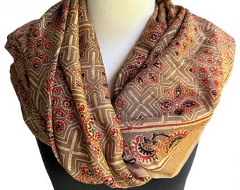 Large Silk Ajrakh Scarf: Mocha Red Block Print Shawl or Dress Fabric