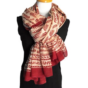 Ladies Cotton Scarf or sarong - Tropical Fern Design in Red Ochre Block Print