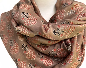 Pomegranate Ajrakh Block Print Scarf: Oversize Silk & Cotton Shawl or Wrap