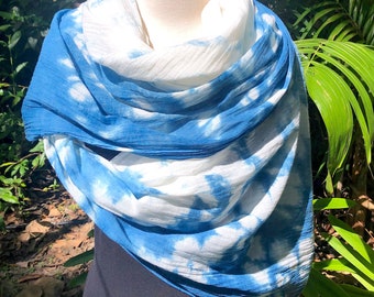 Oversize Indigo Dyed Scarf - Organic Cotton Shawl - Blue Beach Wrap or Sarong