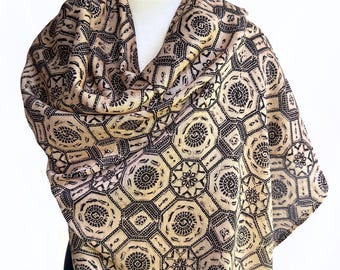 Oversize Luxe Scarf in Octagonal Block Print Design - Silk and cotton - Dress fabric