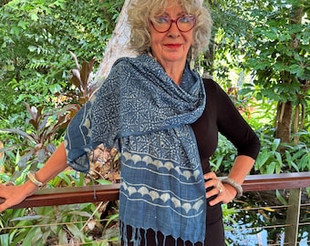 Elegant hand loomed linen indigo scarf with fringe - organic linen shawl or wrap
