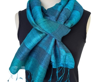 Hand woven silk fabric scarf or shawl with fringe