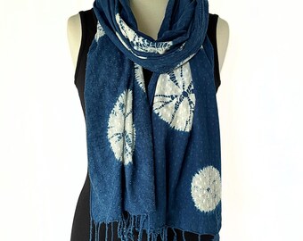 Long Indigo Dyed Cotton Shibori Scarf with Fringe - Beach Sarong