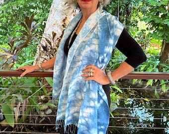 Indigo dyed linen scarf - Natural dye textile - Handmade indigo shawl - Slow fashion gift