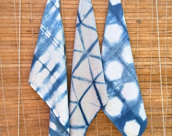 Indigo Dyed Linen Tea Towels: Shibori Design Set of 2