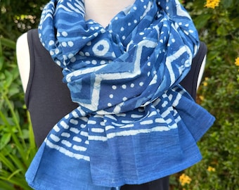 Indigo Dabu Block Print Cotton Scarf: Oversized Sarong, Head Wrap