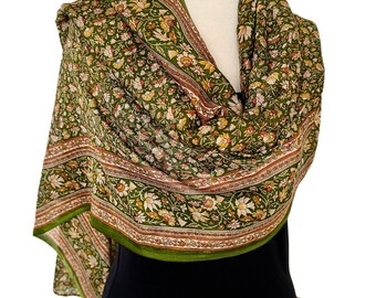 Oversize Upcycled Sari Sarong or Shawl l Green Floral Silk Scarf