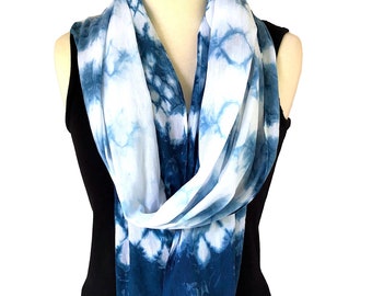 Long Indigo Shibori Scarf in Cotton Voile - Hand Dyed Stripe Design