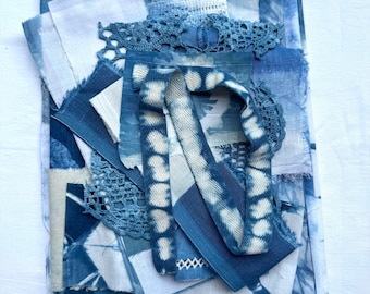 Indigo Shibori Fabric Bundle - Natural Dyed Textiles for Sashiko, Boro, Patchwork, Slow Stitch, Quilting