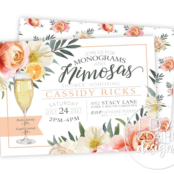 Monograms & Mimosas Shower Invitation Digital Download | Champagne | Watercolor Florals