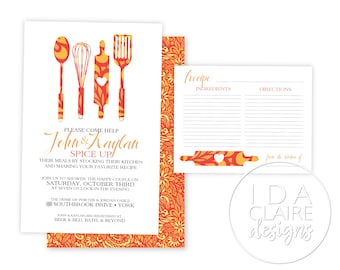 May include: A wedding shower invitation with a red and orange floral pattern. The invitation features a couple's names, "John & Kaylan", and the text "Please come help spice up their meals by stocking their kitchen and sharing your favourite recipe." The invitation also includes the date and time of the shower, "Saturday, October Third at Seven O'Clock in the Evening", and the location, "The home of Porter & Jordan Gable, Southbrook Drive, York". The invitation also includes the text "John & Kaylan are registered at Belk & Bed, Bath & Beyond".