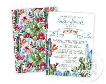Op de afbeelding: Een babyborrel uitnodiging met een cactus- en bloemenontwerp. De uitnodiging is voor Meghan en is gepland voor zaterdag 29 april 2017 om 14:00 uur. Het evenement zal plaatsvinden in het huis van Michelle Tynan in Covey Hollow Court, Charlotte, North Carolina. De uitnodiging wordt georganiseerd door Michelle Tynan, Alex Williams, Kristin Cary en Natalie Tynan. RSVP naar photmail.com.