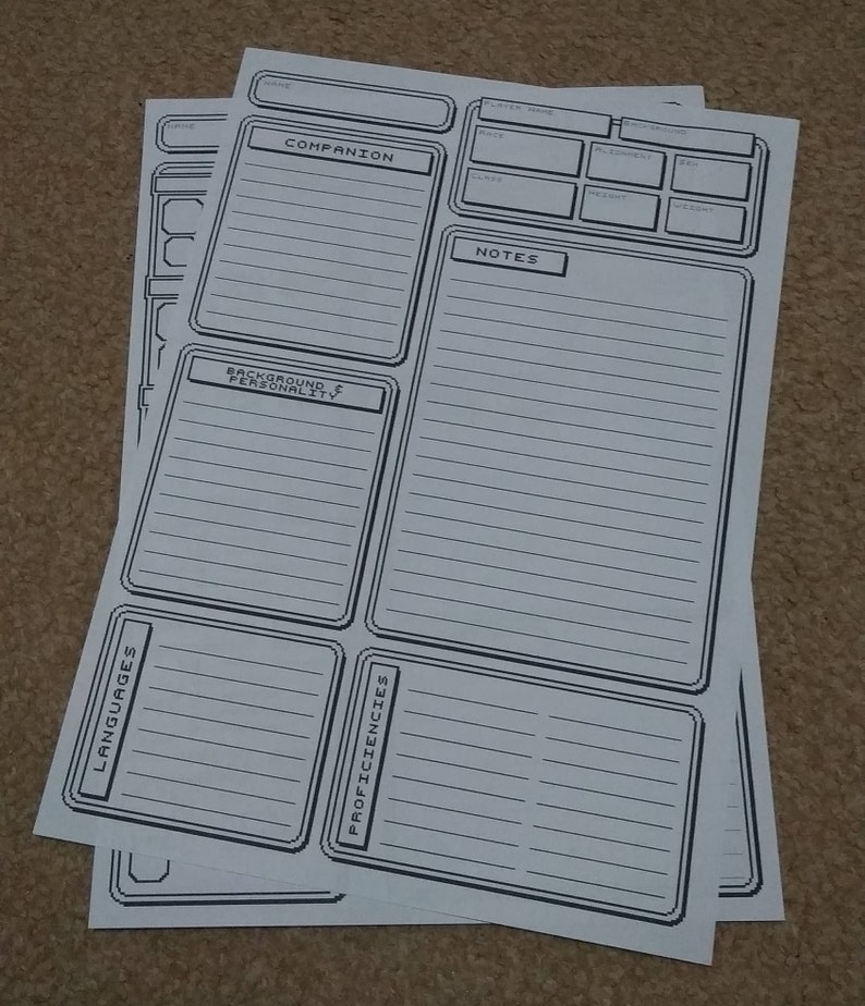 May include: A black and white printable character sheet for a tabletop role-playing game. The sheet includes sections for companion name, background and personality, languages, proficiencies, notes, and physical attributes.