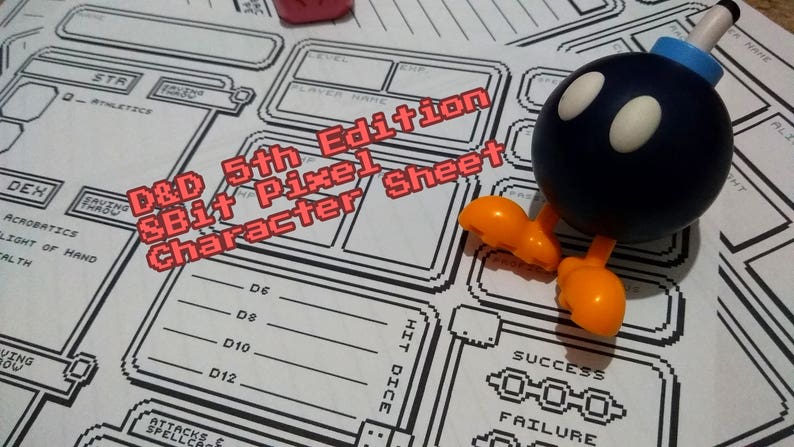 May include: A black and white character sheet for Dungeons and Dragons 5th Edition with the text "8Bit Pixel Character Sheet" printed in red. A black and white dice set is shown in the bottom right corner of the image. A black and white dice set is shown in the bottom right corner of the image. A black and white dice set is shown in the bottom right corner of the image.