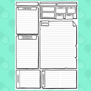 May include: A black and white character sheet with sections for companion, background, personality, languages, proficiencies, and notes. The sheet is designed for role-playing games and features a lined paper design.