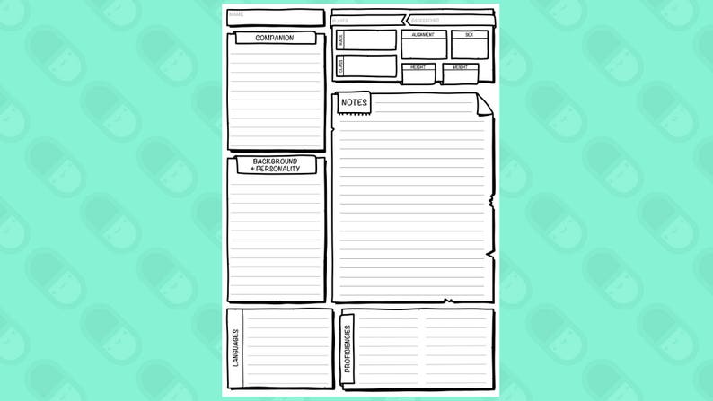 May include: A black and white character sheet with sections for companion, background, personality, languages, proficiencies, and notes. The sheet is designed for role-playing games and features a lined paper design.
