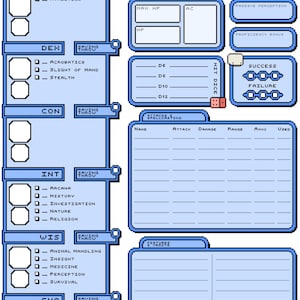 May include: A blue and white character sheet for a tabletop role-playing game. The sheet includes sections for name, level, experience, player name, strength, dexterity, constitution, intelligence, wisdom, charisma, saving throws, skills, attacks, and spells.
