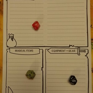 May include: A white, lined character sheet for a tabletop role-playing game, featuring sections for items, treasures, magical items, and equipment. Three dice are present: a red D20, a green D12, and a black D6. The sheet has illustrated icons.