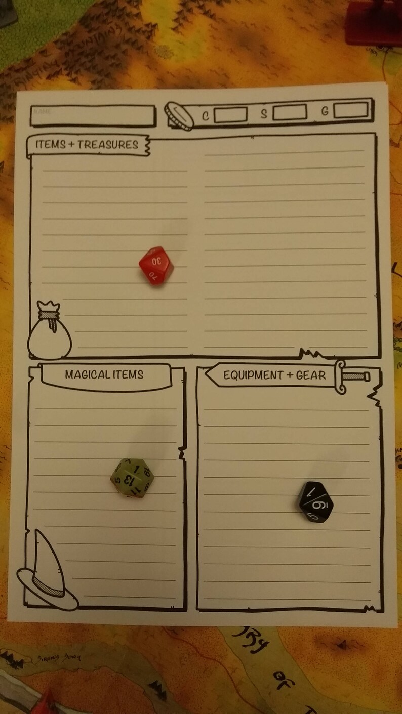 May include: A white, lined character sheet for a tabletop role-playing game, featuring sections for items, treasures, magical items, and equipment. Three dice are present: a red D20, a green D12, and a black D6. The sheet has illustrated icons.